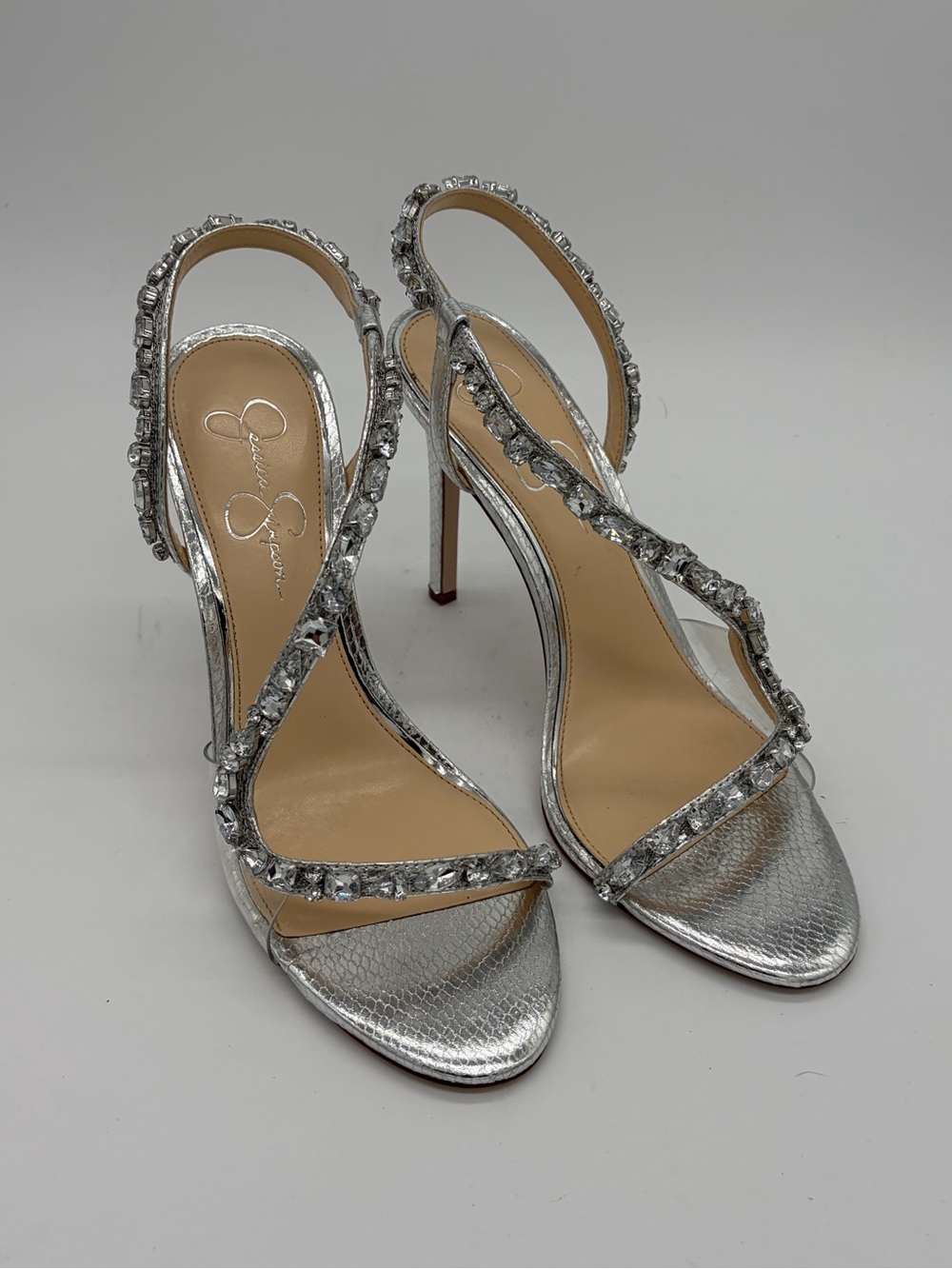 Jessica Simpson Silver Jeweled Strappy Stiletto Sandals